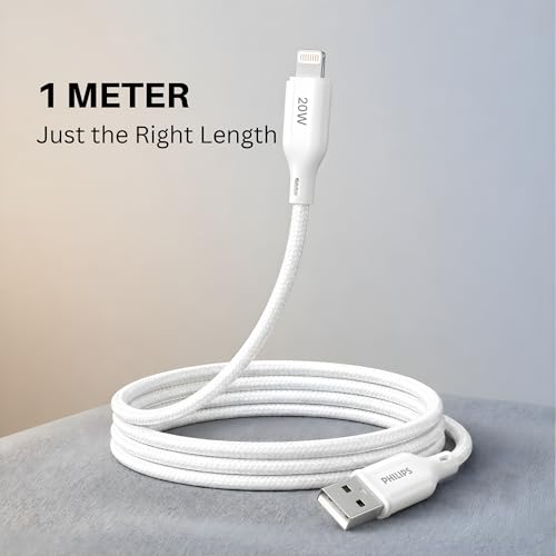 Image of PHILIPS DLC4130VW /94 20W iPhone Original Type-A to Lightning Fast Charging Cable (1m, Bright White) | MFi Certified | 480Mbps | Nylon Braided | Compatible with iPhone & Other Lightning Devices