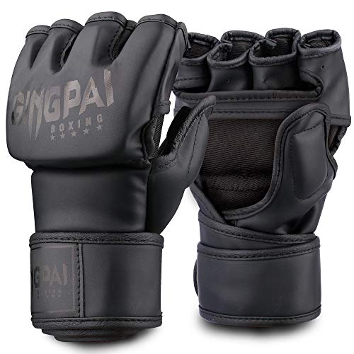 GINGPAI Half Training Boxing Mitts Gloves for Men Women, Training Gloves, Sparring Gloves for Punching Bag, Kickboxing, Muay Thai, MMA, UFC (Black Black Medium)
