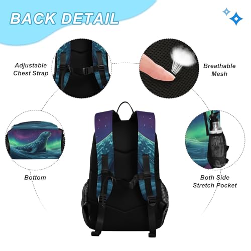 Travel Backpack Lunch Bag Set for Hiking Picnic, Backpacks with Insulated Lunch Box Aurora Seal Print3
