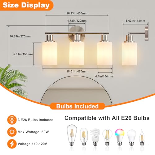 Image of DLLT 3-Light Bathroom Light Fixtures: Nickel Modern Vanity Lights with E26 Bulbs - Milky White Glass Shade Bathroom Wall Lamp for Mirror Kitchen Living Room Hallway Cabinet Porch