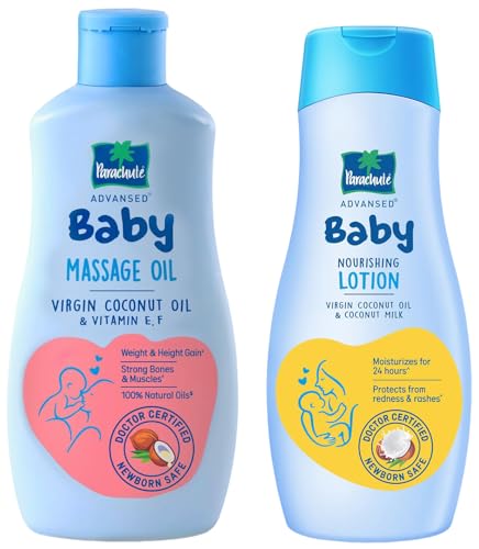Image of Parachute Advansed Baby Lotion 410ml & Baby Massage Oil for New Born 200ml | Doctor Certified | Virgin Coconut Oil | Pack of 2