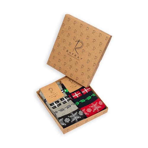 Image of RAFRAY Women's Christmas Socks - Cozy Calf-Length Winter Socks with Snowman & Reindeer - Gift Box - 2 Pairs - Size 5-9.5