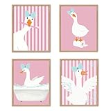 YZSLA Kids Bathroom Pink Goose Wall Art Decor,Girls Nursery Bathroom Wall Art Prints, Funny Animal Poster Art Prints Room Decorations for Kids Washroom Restroom Toilet Decor,8x10 Unframed Set of 4