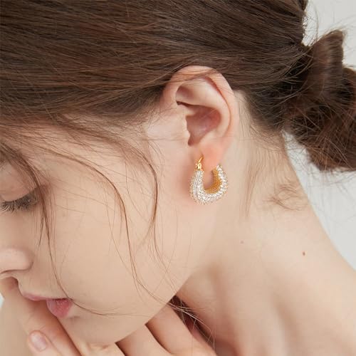 Gold Huggie Hoop Earrings 14K Gold Plated Dainty Chunky Thick Hoop Diamond Cubic Zriconia Inlay Sleeper Tiny Delicate Boho Beach Simple Hypoallergenic Jewelry Gift for Her3