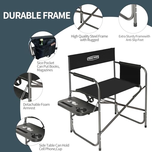 YOUNG WOOD Silla Director de Camping, Plegable Ligera Sobredimensionada con Mesa Lateral y Bolsillos de Almacenamiento para Camping, Césped, Picnic y Pesca, Soporta 400 libras (Negra) miniatura 3