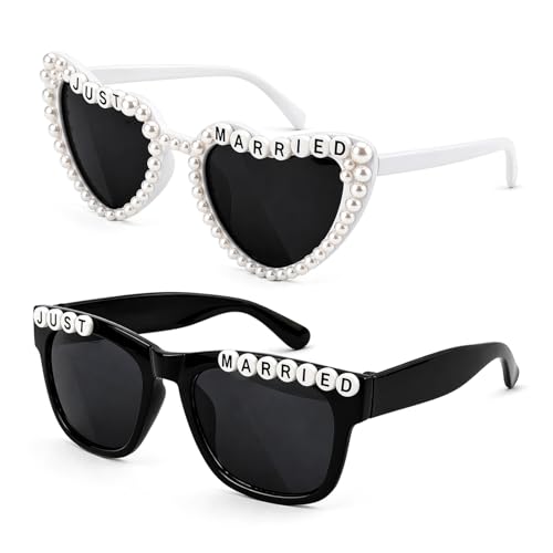 Eluckya 2 Pairs Just Married Decorations Sunglasses Bride And Groom Wedding Sunglasses for Just Married Wedding Party Decorations Booth Props Honeymoon Accessories Wedding Gifts White and Black