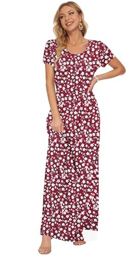AUSELILY Damen Kurzarm Sommer Casual Long Maxi Kleider mit Taschen Rot geblümt 3XL 3