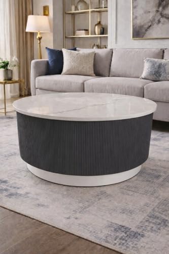 Image of WOODEN SPACE Round Marble-Top Wooden Center Table for Living Room | Modern Entryway Furniture | Coffee Table - 30X30X18 Inch (Dark Grey)