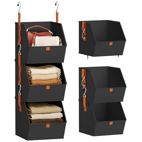 Image of Homsorout Collapsible Hanging Closet Organizer - 3 Tier Closet Shelves Storage System with Hooks, Fabric Hanging Storage Bins for Clothes, Foldable Storage Basket for Laundry, Bedroom, Rv, Black