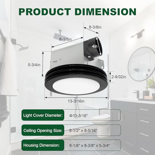 Image of Akicon Bathroom Exhaust Fan with Light, 80 CFM 2 Sones Round Bathroom Fans Light Combo, Dimmable 3CCT LED Shower Lights Vent Fan with Acrylic Cover for Medium Room(Matte Black)