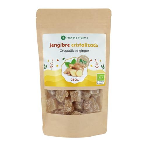 PLANETA HUERTO | Jengibre Cristalizado ECO 250 g – Bolsa Compostable con Deliciosos Trocitos de Jengibre en Almíbar