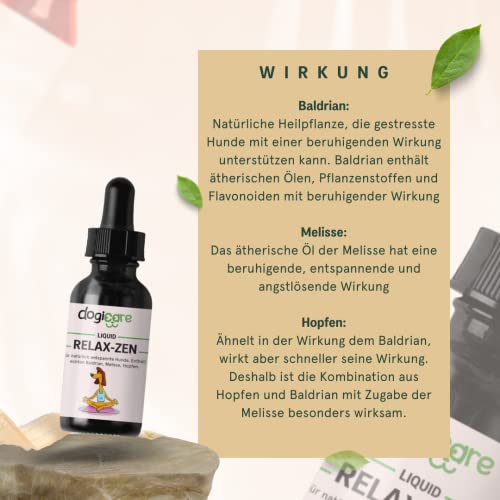 Beruhigungsmittel für Hunde - RELAX-ZEN Liquid-Tropfen 50ml - Baldrian, Melisse, Hopfen - Entspannung & innere Ruhe, Anti-Stress für Angsthunde, Beruhigung bei Silvester, Autofahren, Urlaub & Alltag