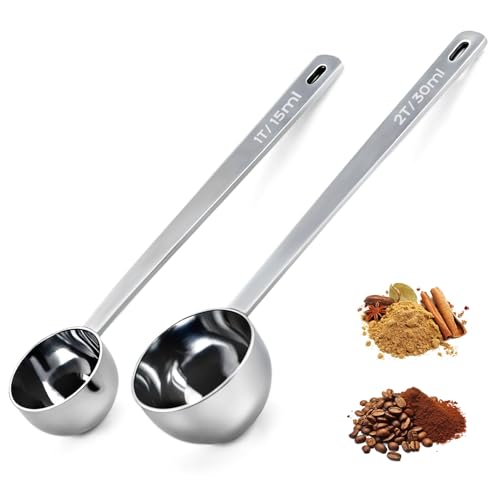 LimeFlex 2PCS Coffee Scoop for Ground Coffee Stainless Steel Measuring Spoons Long Handle 30ml 6.4in and 15ml 5.7in Set for Deep Jars Beans Protein Powder Flour