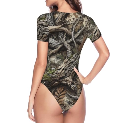 Tree-Bark-Branches-Camo Women's Short-Sleeve Round Neck One-Piece Swimsuit4