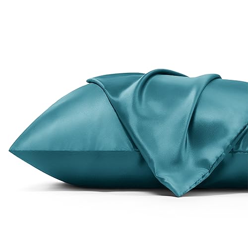 Image of Bedsure Satin Pillowcase with Zipper,King Pillow Cases Set of 2 | Similar to Silk Pillow Cases 2 Pack, Silky & Soft Pillow Cover for Hair and Skin, Gifts for Women Men, Teal, 20x36 Inches