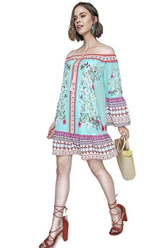 Umgee Women s Floral Scarf Print Off The Shoulder Dress (Small, Mint)