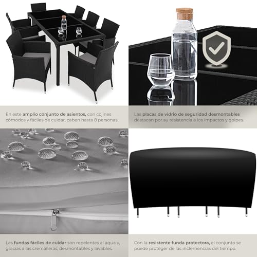 tectake® Conjunto Jardín Exterior de Ratán y Acero con Cojines, Muebles Jardín Exterior Resistentes a Intemperie, para hasta 8 Personas, Fácil Limpieza, 2 Fundas + 1 Protectora - Negro/Gris - imagen 5