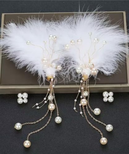 2 pinzas para cabello con plumas blancas y perlas miniatura 4