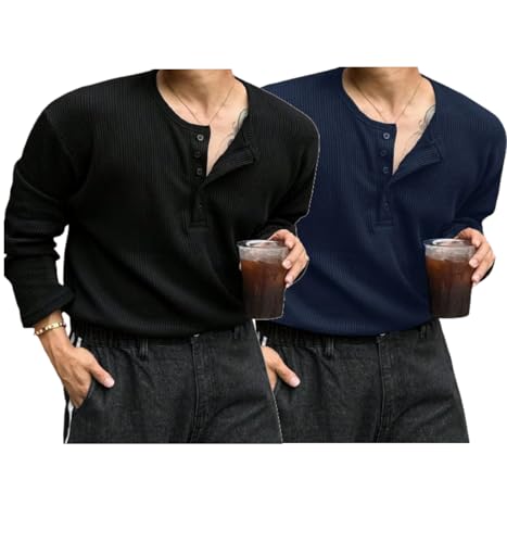 Image of Trillion Men's Textured Fabric Solid Color Basic Half-Open Collar T-Shirt, Fall Long Sleeve Men Shirt | Tshirt for Men