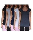 Sexy Basics Womens Round Neck Short Sleeve Long Tunic/Cotton Stretch T Shirt - 5 Pack Colors (Medium, 5 Pack-Black/White/Grey/Navy/Charcoal)