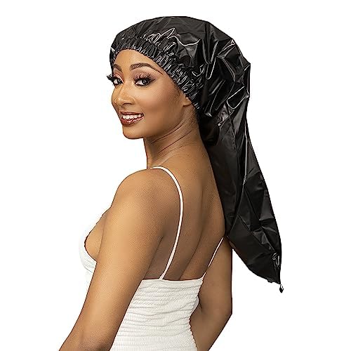 Esha Girl - Shower Cap for Extra Long Hair, Braids, Locs, Twists – Waterproof – Snug Fit Guarantees No Leaks – Easy Button Up (Black, Long (22.3" x 9"))