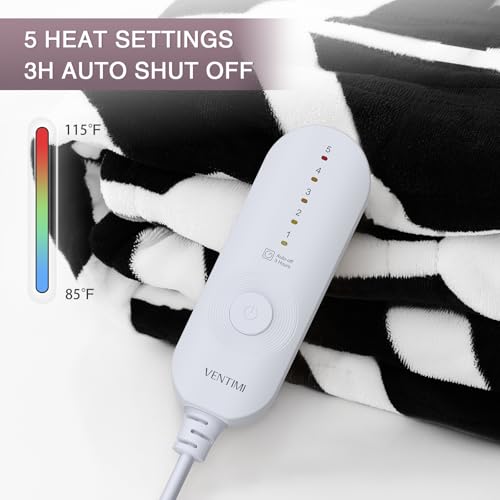 VENTIMI Electric Blanket Heated Throw, 50" x 60" Heated Blanket with 5 Heat Levels & 3 Hours Auto Off, Fast Heating Blankets with ETL & FCC Certification, Black