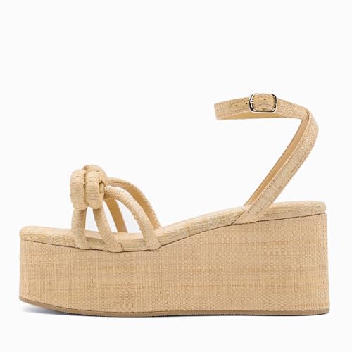 Raffia Platform Sandals for Women,Bow Ankle Strappy Espadrille Wedges Sandals Comfortable Square Open Toe Straw Sandals2