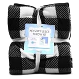YourFleece Buffalo Plaid No-Sew Throw Fleece Fabric DIY Blanket Making Kit, Make Your Own, Anti-Pill, Black and White, 50x60 Inches