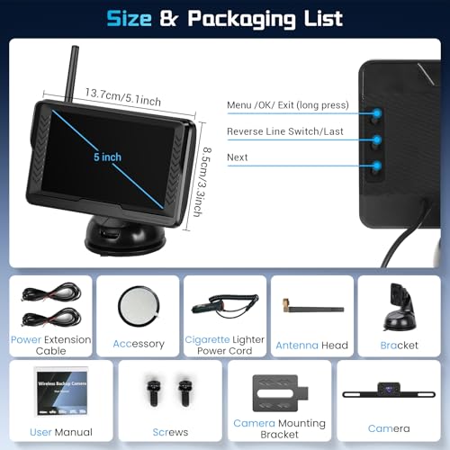 Image of Podofo Wireless Backup Camera 5 Inch IPS HD Monitor for Truck Car SUVs Pickups, Easy to Install, Night Vision, DIY Parking Guide Lines, IP69 Waterproof Rear View Camera
