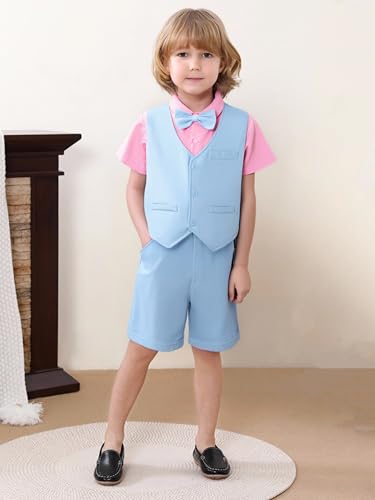 Image of A&J DESIGN Toddler Easter Outfit Boy Wedding Pink Summer Formal Gentleman Dress Suit Shorts Set Suspender with Vest and Bow Tie Blue 12-18 Months