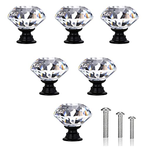 FAINCA 6 Stück Möbelknöpfe, Kristall Schubladenknöpfe, Moderne Mode Kommodenknöpfe, Kristallklarer Türknauf, 30mm Zinklegierung Kristallglas Griffe, mit Schrauben in 3 Größen (Schwarz)