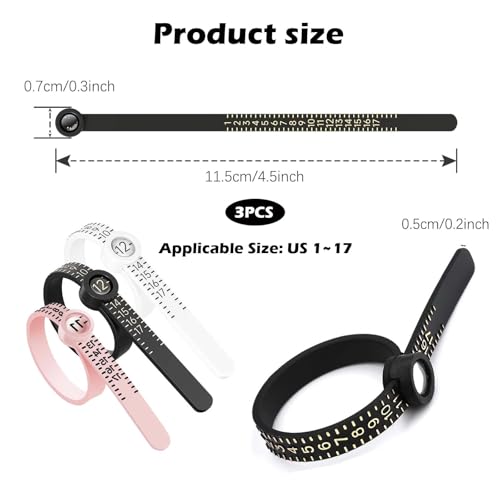 Image of 3 PCS Ring Sizer Measuring Tool with Magnifying Glass,Jewelry Sizing Kit for Accurate Ring and Finger Measurement, Includes White, Black, and Pink Adjustable Ring Sizers