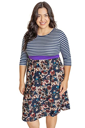 Image of Eloges Women's 3 /4 Sleeve Contrast Waist Band Floral Curved Hem Midi Dress