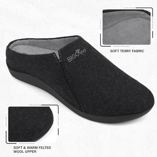 ERGOfoot House Slippers With Arch Support, Orthopedic Slippers for Plantar Fasciitis Pain Relief, Comfy Wool Felt Clog, Non-Slip Indoor Outdoor House Shoes for Women and Men/Black, W8/M73
