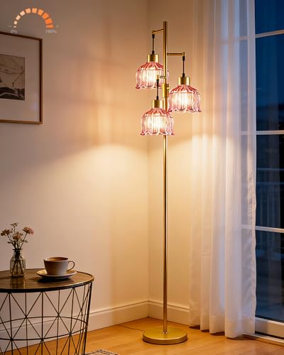 Image of 3-Light Modern Glass Lotus Floor Lamp, Gold Standing Tall Lamp with Deep Red Glass Shade, Dimmable LED Floor Lamp with 5Lbs Heavy Base for Living Room Bedroom Home Decor, Bulb Included