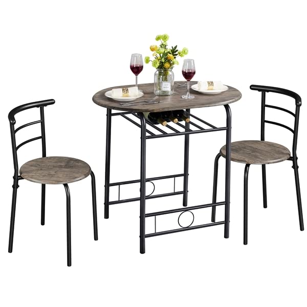 Abician Ensemble Table à Manger Ronde avec 2 Chaises en Bois MDF et en Métal avec Porte-Bouteilles Étagère de Rangement pour Cuisine Salle à Manger Terrasse Balcon Bistro Jardin Bois Brun
