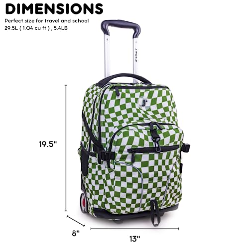 Image of J World Lunar Rolling Backpack. Laptop Bag With Wheels. Wheeled Carry-On Travel Luggage, Matcha Checkers, 19.5 x 13 x 8 Inches