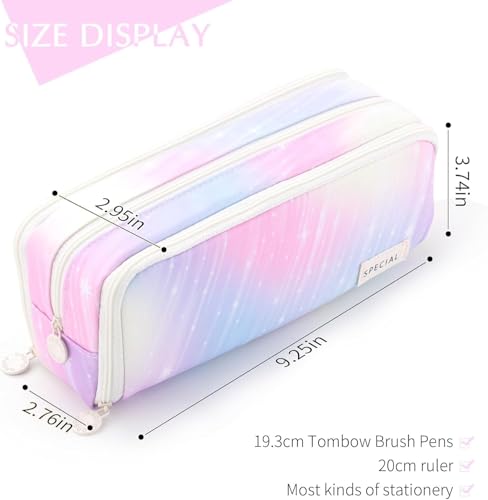 Image of Canvas School Bag Pencil Case, 3 Layer 6 Compartment Large Capacity, Aesthetic Pencil Pouch for Stationary, Cute Stationery for Kids, Pencil Case for Girls & Boys (Rainbow Pink)