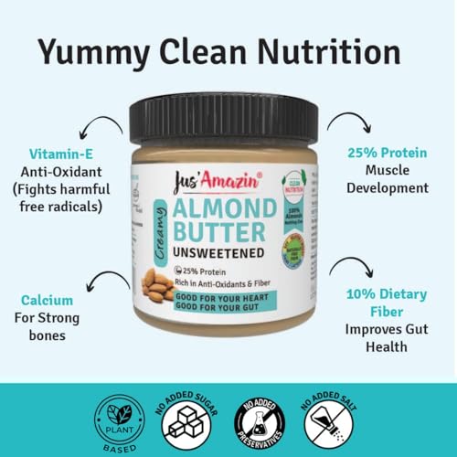 Image of Jus' Amazin Creamy Almond Butter - Unsweetened (200 g) | 25% Protein | Only Pure Whole Almonds | Zero Additives /Chemicals | Plant Based, Dairy Free, Keto | Clean Nutrition, 0% Chemicals.