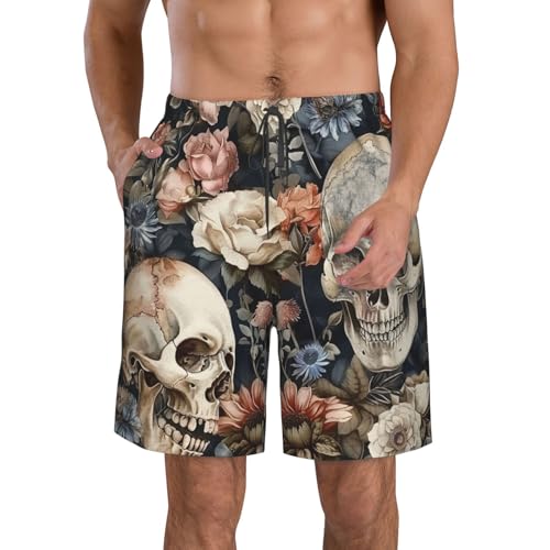Skulls and Flower Watercolor Gothic Vintage Men's Quick Dry Swim Shorts, Mesh Lined Beach Trunks with Pockets4