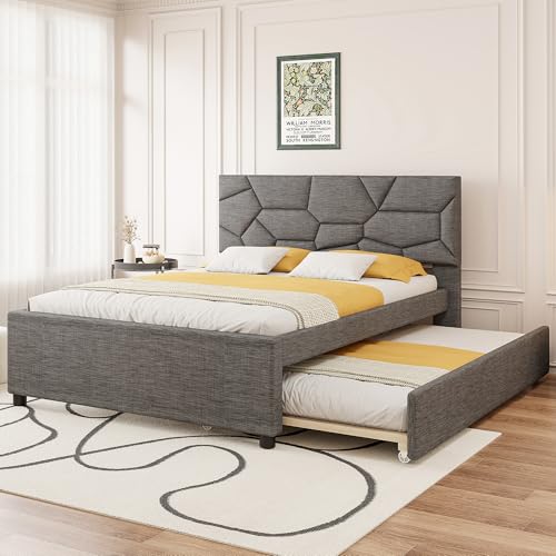 FUvellamo Queen Size Upholstered Platform Bed Frame with Twin XL Trundle and Headboard, Linen Fabric, No Box Spring Needed, Gray