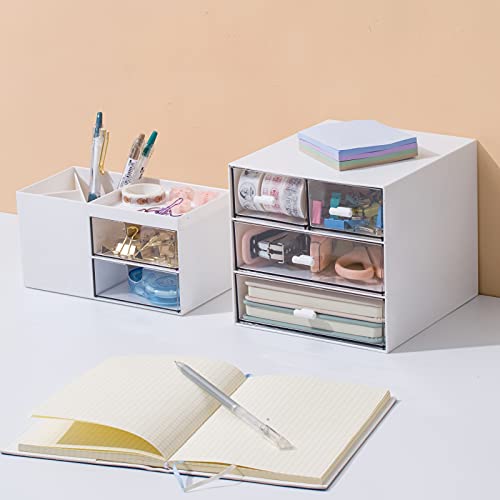 Comix Desk Organizer With Drawer, Desk Storage Box With 4 Drawers, Plastic Office Stationery Supplies Organizers, Desktop Organizer For Office School Home (White) #TOP4