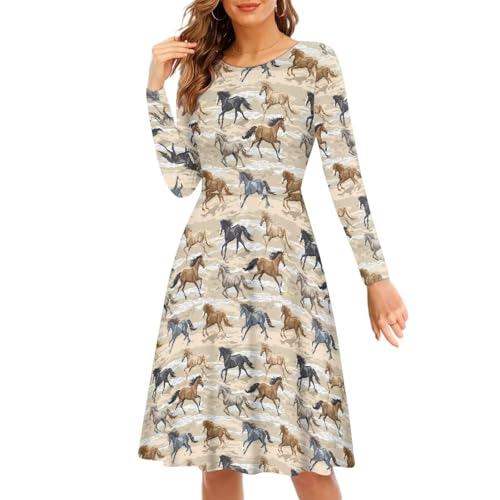 Xsehusvy Horse Pattern Women Casual Long Sleeve Flowy Dresses Empire Waist A-line Dress Classic Crew Neck Slim Fit Spring Dresses