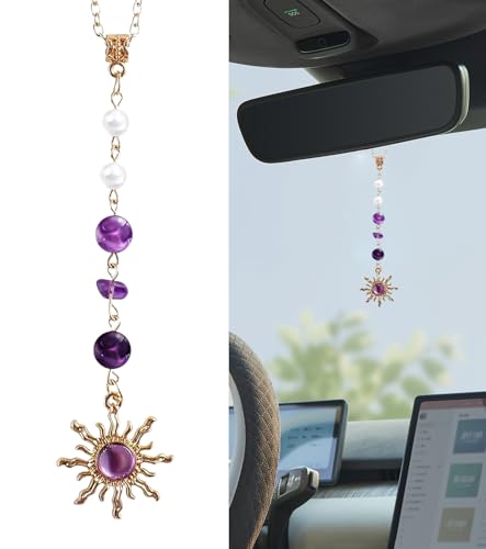 TAKONE Autospiegel Anhänger Boho Sonne Kristall – Edelstein & Perlen Autoanhänger, Deko Innenraum Glücksbringer für Auto Rückspiegel, wundervolle Geschenkidee zu Weihnachten & Thanksgiving