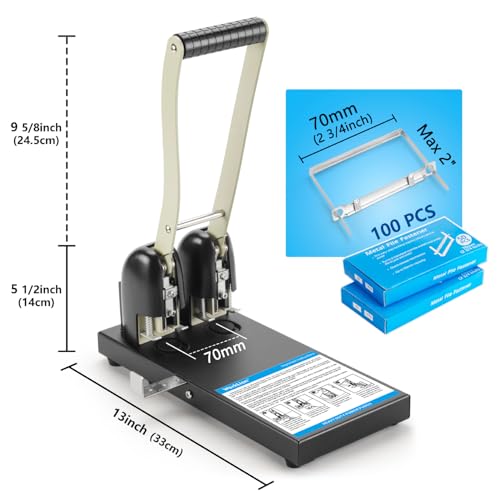 Heavy Duty 2 Hole Punch for Binder:Worklion Metal Power Two Hole Paper Puncher, 150 Sheets Capacity,2 3/4"(70 mm) Hole Distance, with 100PCS Paper Fasteners
