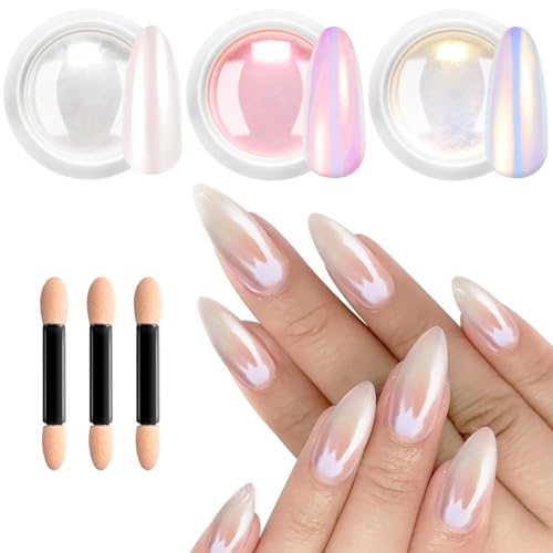 BISHENGYF Poudre Chrome Ongle Nacrée - Rose Effet FéErique Poudre Ongle, Aurora Blanche Perle Chrome Ongle Effet Glace Transparente, Paillettes Ongles Effet...