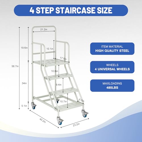 Image of 4 Step Rolling Ladder with Handrails, Industrial & Warehouse Stairs with Wheels, 485LBs Capacity Non-Slip Platform Ladder for Garage, Library, Supermarket, 445LBs Capacity