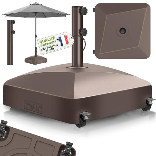 tillvex® Pied de Parasol GRAVIA à roulettes et Freins | Support de lestage Parasol à remplir 37L/56kg | Poids pour Parasol Droit et de marché Ø1,8-3,7m | Résistant...