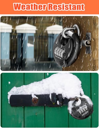 Image of DELSWIN 4-Digit Disc Combination Lock Outdoor - Heavy Duty Combination Padlocks with Hardened Steel Shackle Weatherproof Combo Locks for Gates,Sheds,Fence,Storage Unit (3 /8 inch Shackle, Black and Silver)