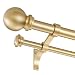 Double Curtain Rod, Adjustable 1 Inch Double Drapery Rod Rods For Windows 48 To 84 Inch,Ball Round Finials With Brackets Set (48-84",Gold